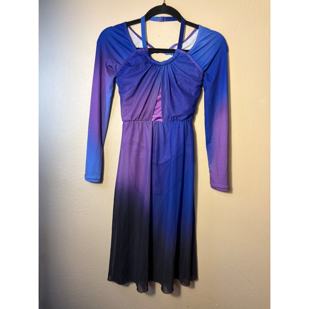 Lyrical Dance Costume Dress Ombre Blue Purple Black Mesh Long Sleeve Leotard